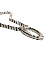 Chunky silver-plated box chain necklace featuring an oversized carabiner clasp, suitable for holding eyeglasses.