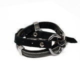Black leather wrap bracelet featuring iron chains and metal elements, adjustable buckle for a unisex fit.