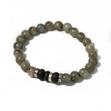 Unisex men's labradorite beaded bracelet featuring iridescent gray beads with black and silver accent beads.
