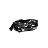 Black leather wrap bracelet featuring iron chains and metal elements, designed as an adjustable unisex cuff.
