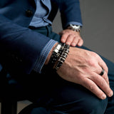 Black glass beaded bracelet with metal details for men