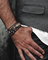 Close-up of a person's wrist with multiple bracelets and a ring, wearing a gray jacket and white shirt.