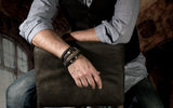 Men's double wrap bracelet with soft dark brown leather, gun metal chains and metal elements, bracelet for a strong look for men