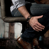 Men's double wrap bracelet with soft dark brown leather, gun metal chains and metal elements, bracelet for a strong look for men