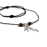 Men's adjustable black cord necklace featuring a metal wishbone pendant and brown lava stone beads.