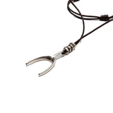 Men's adjustable black cord necklace featuring a metal wishbone pendant and sliding knot for length adjustment.