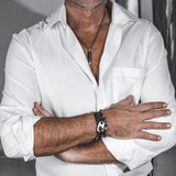Black leather bracelet with gun metal buckle for men