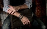Men's double chunky box chain bracelet interwoven with dark brown leather for a strong look, gift for him, strong chain bracelet for male