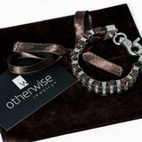 Men's double chunky box chain bracelet interwoven with dark brown leather for a strong look, gift for him, strong chain bracelet for male