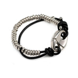 Strong beaded metal and leather bracelet for men with magnetic closure, unique unisex cuff
