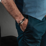 Strong beaded metal and leather bracelet for men with magnetic closure, unique unisex cuff