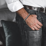Strong beaded metal and leather bracelet for men with magnetic closure, unique unisex cuff