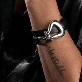 Wrap black leather bracelet with design buckle, bold leather and metal bracelet