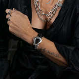 Wrap black leather bracelet with design buckle, bold leather and metal bracelet