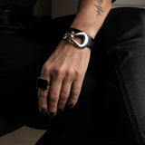 Wrap black leather bracelet with design buckle, bold leather and metal bracelet
