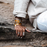 Yellow leather wrap bracelet with bold buckle, layered with a silver bangle, worn on a hand against a textured surface.