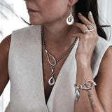 Edgy chic silver jewelry set with stainless steel necklace, bracelet, zamak earrings, and adjustable 925 sterling silver ring