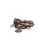 Suede boho bracelet with coins and metal cubes, Ethnic four strand wrap around cuff with charms