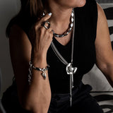 Long statement hearts necklace with steel chains, punk rock necklace, edgy chunky jewelry for romance love gift