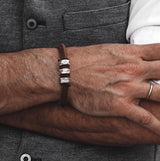 Men's rough brown leather bracelet with metal hex nuts for everyday wear, leather bracelet for men for a strong look, gift for him