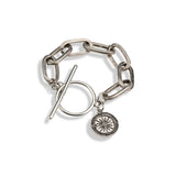 Chunky chain bracelet with coin, bar closure silver chain