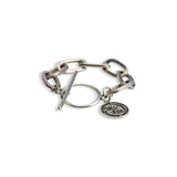 Chunky chain bracelet with coin, bar closure silver chain