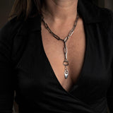 Stainless steel link chain necklace with sterling silver dipped zamak pendant in antique silver finish, 14in layered style