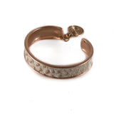 Rose gold metal cuff bracelet with white and rose gold textured leather, open adjustable 15mm bangle