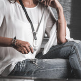 Edgy soft black leather necklace with irregular shaped design and coin pendant, gift for christmas, standout necklace