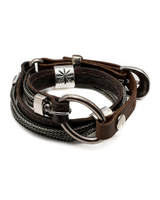 Dark brown stitched leather double wrap bracelet featuring iron chains and silver-plated metal elements.
