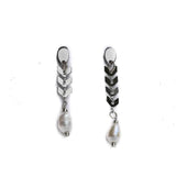 Elegant silver leaf earrings set, stainless steel minimalist ear studs with pearl, classy lightweight wheat earrings, double piercing set