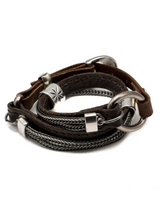 Dark brown stitched leather double wrap bracelet featuring iron chains and silver-plated metal accents.
