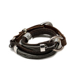 Dark Brown Stitched Leather Double Wrap Bracelet with Iron Chains, Unisex Rock Style
