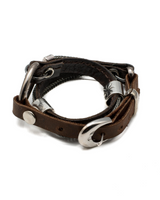 Dark brown stitched leather double wrap bracelet featuring iron chains and silver-plated metal details, unisex design.