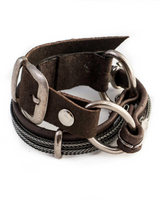 Dark brown stitched leather double wrap bracelet featuring iron chains and silver-plated metal elements.