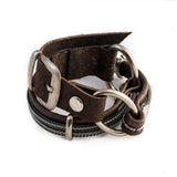Dark Brown Stitched Leather Double Wrap Bracelet with Iron Chains, Unisex Rock Style