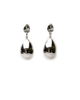 A pair of polished silver teardrop dangle earrings with a small faceted top, shown on a plain white background.