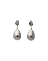 A pair of silver teardrop dangle earrings with a polished metallic finish, shown against a plain white background.