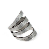 Chunky, hammered silver-plated metal ring with a spiral design, adjustable fit made from molded brass bronze.