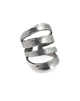 Funky hammered silver-plated ring with a unique twisted design and size-adjustable fit.
