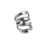 Funky hammered silver-plated ring with a unique twisted design and size-adjustable fit.