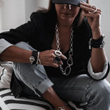 Bold stacked bracelets set, layered leather and metal cuffs for everyday look