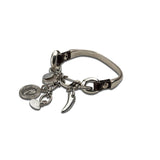 Silver charm bracelet, leather and metal bracelet with coins