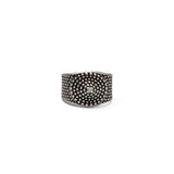 Silver-plated ring featuring a dark ethnic cone design with dotted pattern, adjustable for thumb or pinky wear.