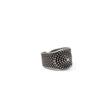 Adjustable silver-plated ring with a dark ethnic design featuring dotted patterns, suitable for pinky or thumb wear.