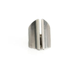 Adjustable silver-plated chunky ring with a wide cuff design, featuring a sleek, polished finish.