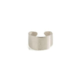 Silver-plated wide cuff ring with a smooth finish, featuring an adjustable band for a comfortable fit.