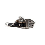 Bold metal cuff bracelet features multiple stainless steel snake chains attached to a black woven leather band.