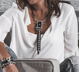 Rock style chocker necklace made of a sturdy metal design and black leather with studs