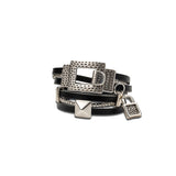 Wrap around leather bracelet with hammered clasp, black leather and chain statement cuff
